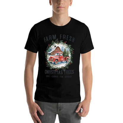 Farm Fresh Christmas Trees Vintage Red Truck And Barn  Heathered Texture T-Shirt