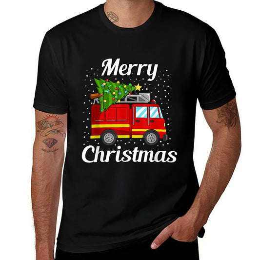 Merry Christmas Tree Firetruck Pajama Firefighter Fireman  Polyester Blend T-Shirt