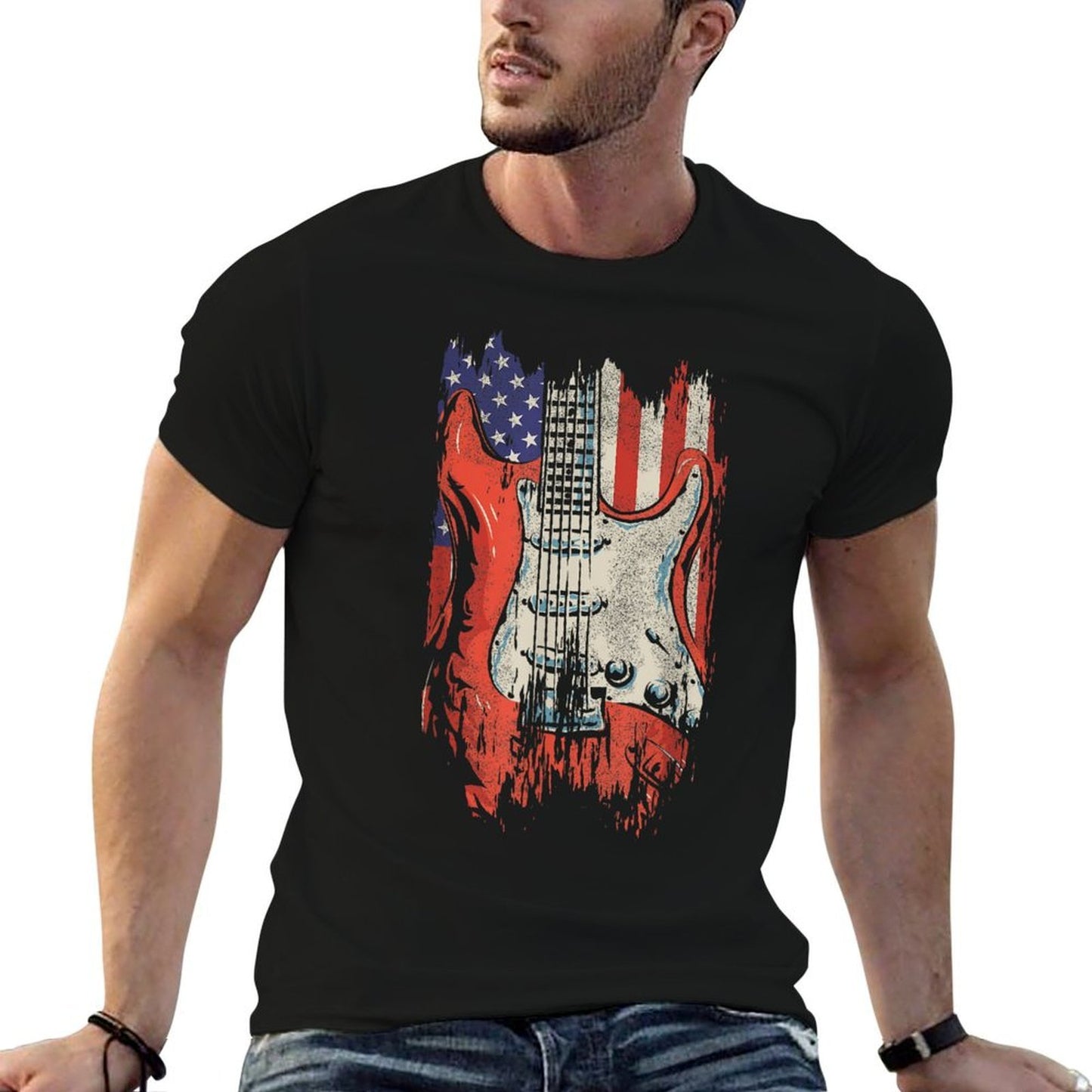 American Guitar 4th of July Guitarist USA Country Music Women Kids Men  Oversized Silhouette T-Shirt