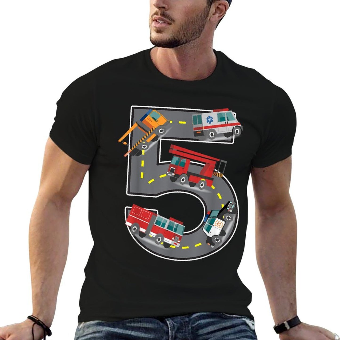 Five Year Old 5th Birthday Fire Truck Ambulance Police Car  Versatile T-Shirt