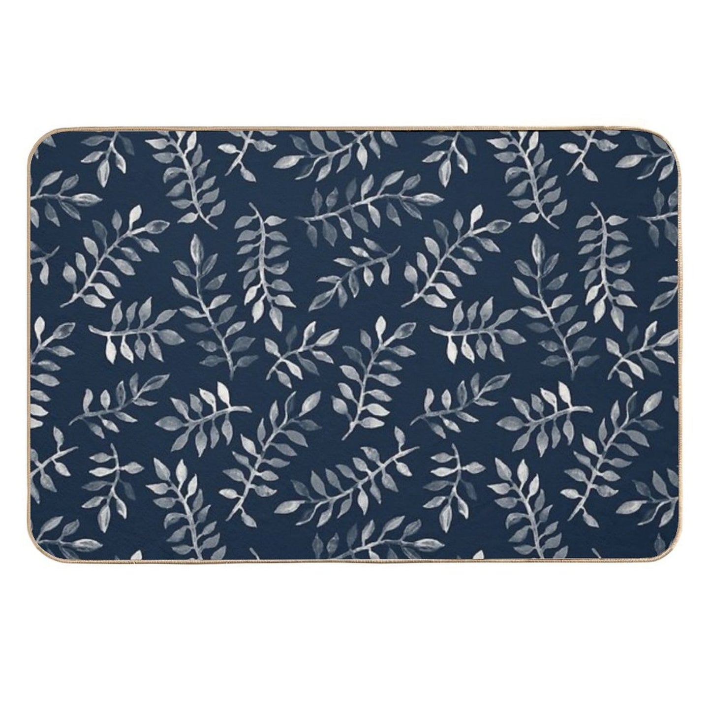 White Leaves on Navy - A Hand Painted Pattern  Toxin-Free Bath Mat