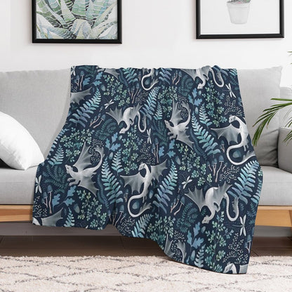 Forest Dragons in Shades of Blue And Green on Navy Blue Travel-friendly Throw Blanket