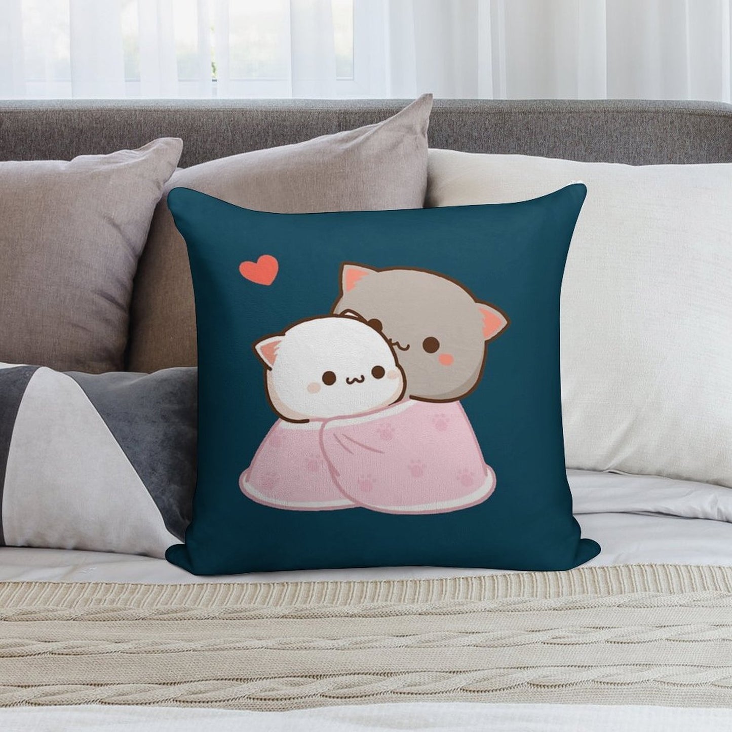 Peach And Goma Cuddling - Mochi Peach Cat Soft Hidden Zipper Throw Pillow