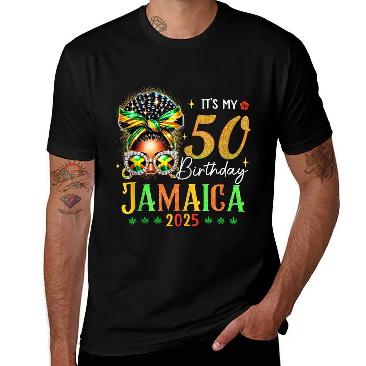 Its My 50th Birthday Party Jamaica 2025 Bow Afro Squad  Polyester Blend T-Shirt