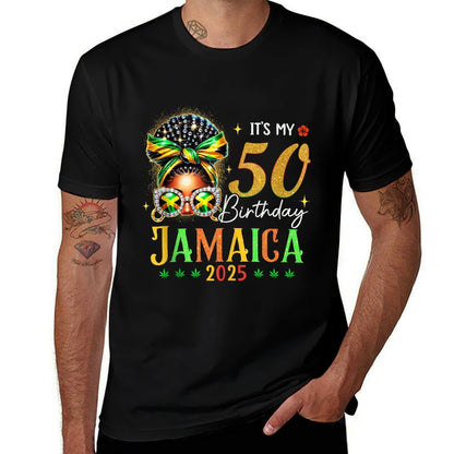 Its My 50th Birthday Party Jamaica 2025 Bow Afro Squad  Polyester Blend T-Shirt