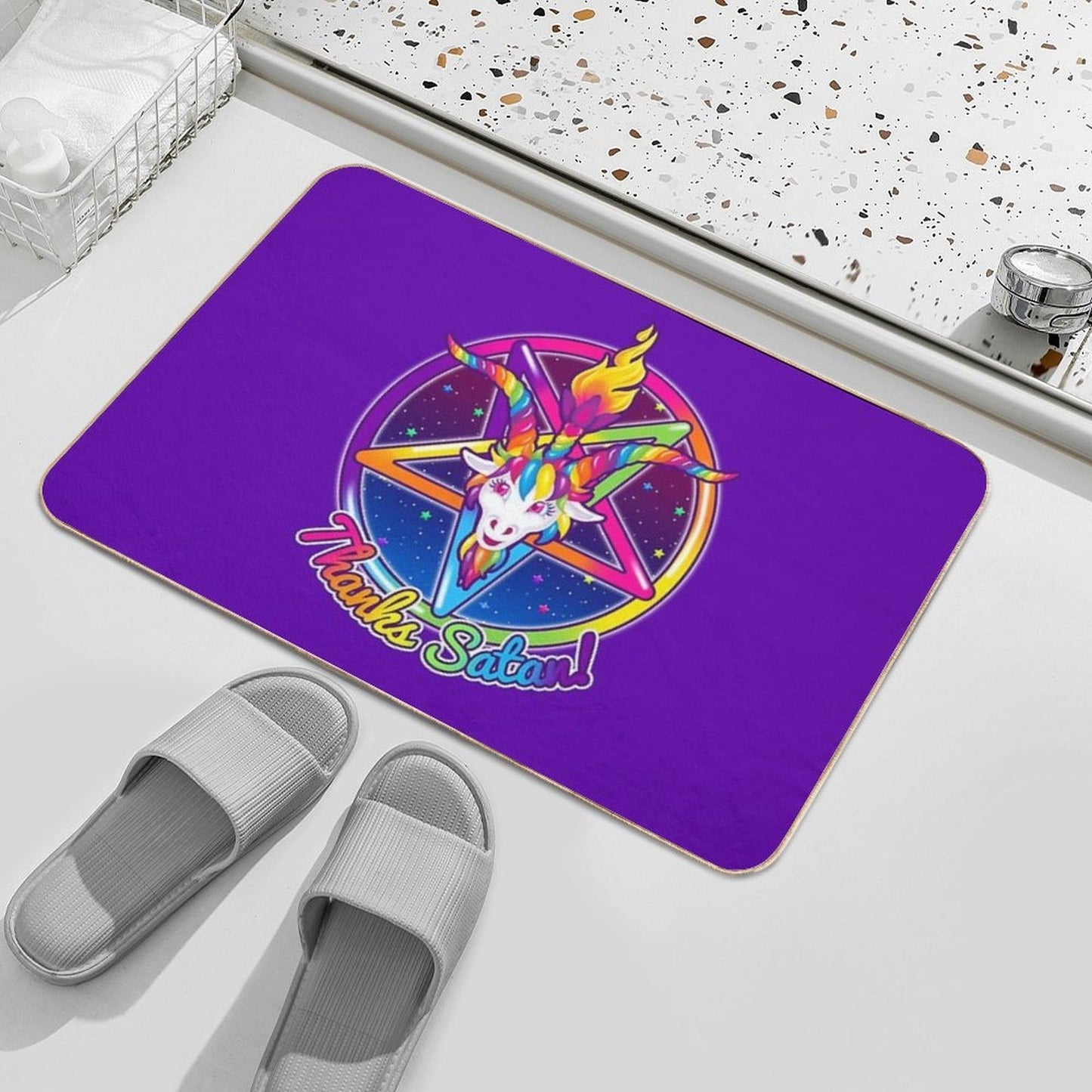 1997 Neon Rainbow Thanks Satan Baphomet Pentagram Sigil  Non-Slip Bath Mat