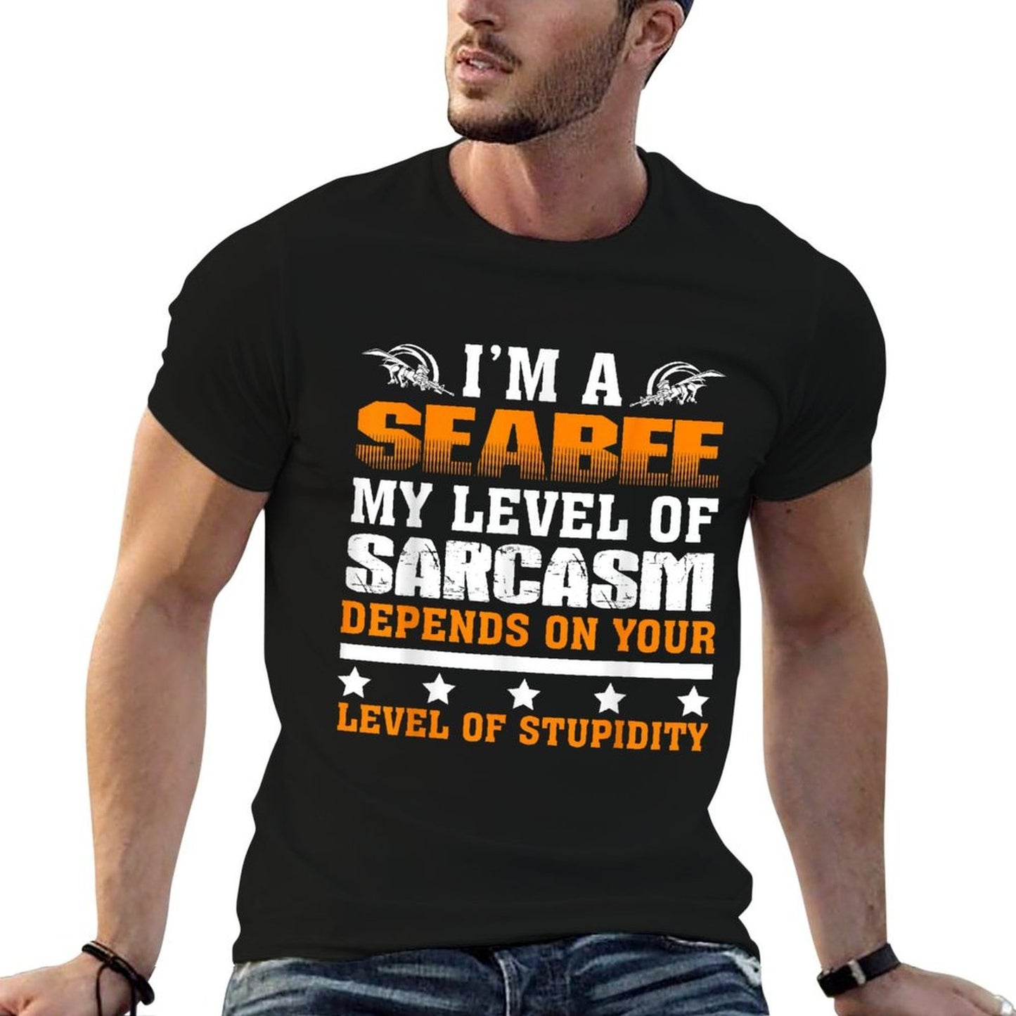 Im A Seabee My Level of Sarcasm Depends on Your Level of St  Ribbed Collar T-Shirt