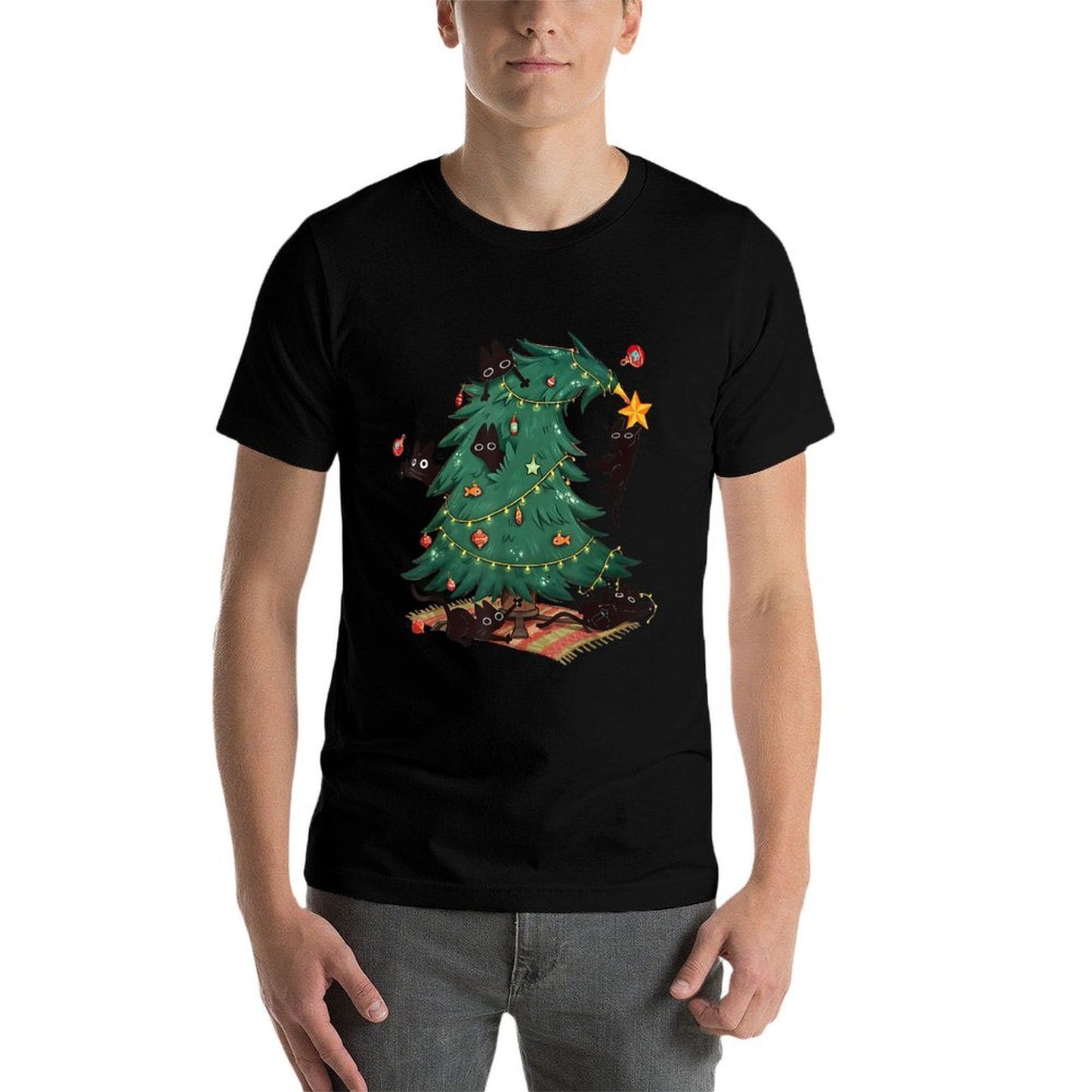 Christmas Tree And Cat Cute Christmas Cat Lover  Cotton T-Shirt