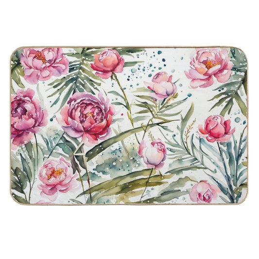 Beautiful Flower And Plant in Loose Watercolor Painting - Monstera Leaves. Peony And Rose Flowers in Soft Pastel Color  Odorless Bath Mat