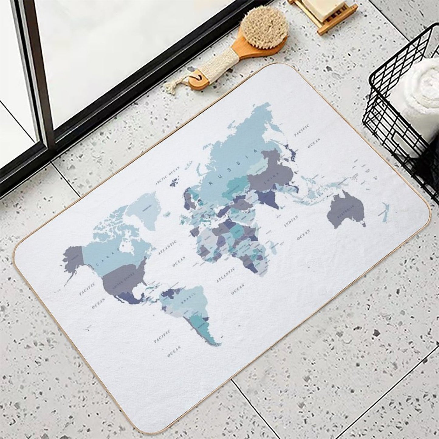 World Map in Blue  Toxin-Free Bath Mat