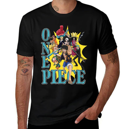 One Piece Anime Group Photo Burst Character Collage  Ribbed Collar T-Shirt