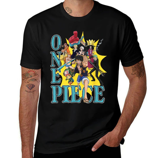 One Piece Anime Group Photo Burst Character Collage  Ribbed Collar T-Shirt
