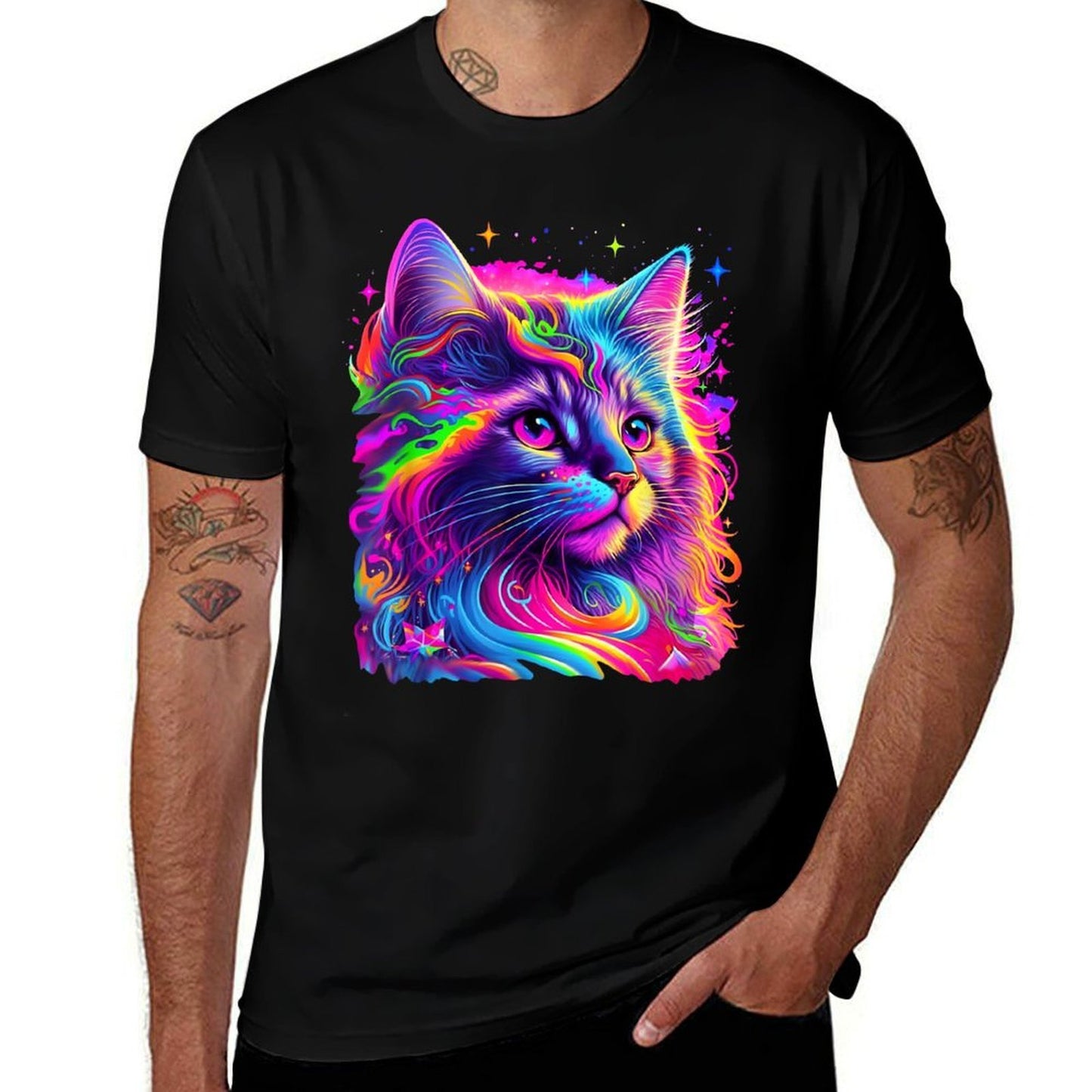 Colorful Rainbow Cat Graphic  Summer-ready Fabric T-Shirt