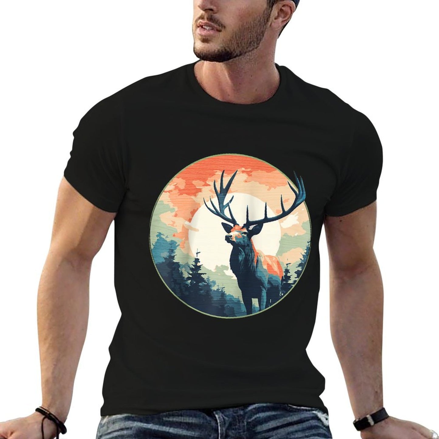 Lunar Stag Silhouette Twilight in The Wilderness Raglan Baseball  Odor-resistant T-Shirt