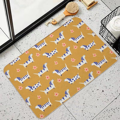 Cute Retro Dachshund Paper Cut Pattern with Daisy Flowers  Easy Maintenance Bath Mat
