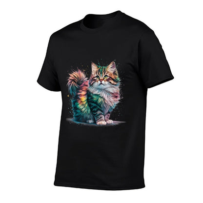 Cat Men Women Colourful Watercolour Cat  Ribbed Collar T-Shirt
