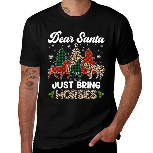 Dear Santa Just Bring Horses ELF Santa Leopard Christmas  Cotton T-Shirt