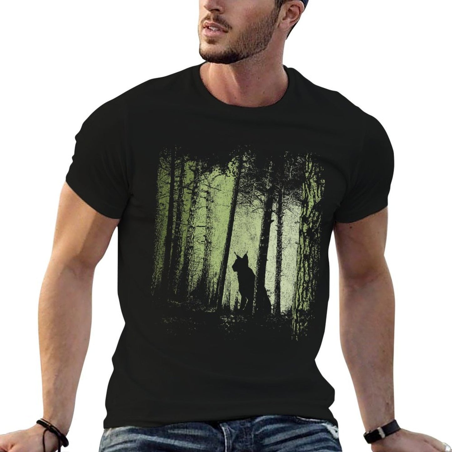 Lynx Silhouette Wildcat Bobcat In Twilight Forest  Ribbed Collar T-Shirt