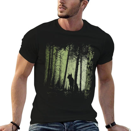 Lynx Silhouette Wildcat Bobcat In Twilight Forest  Ribbed Collar T-Shirt