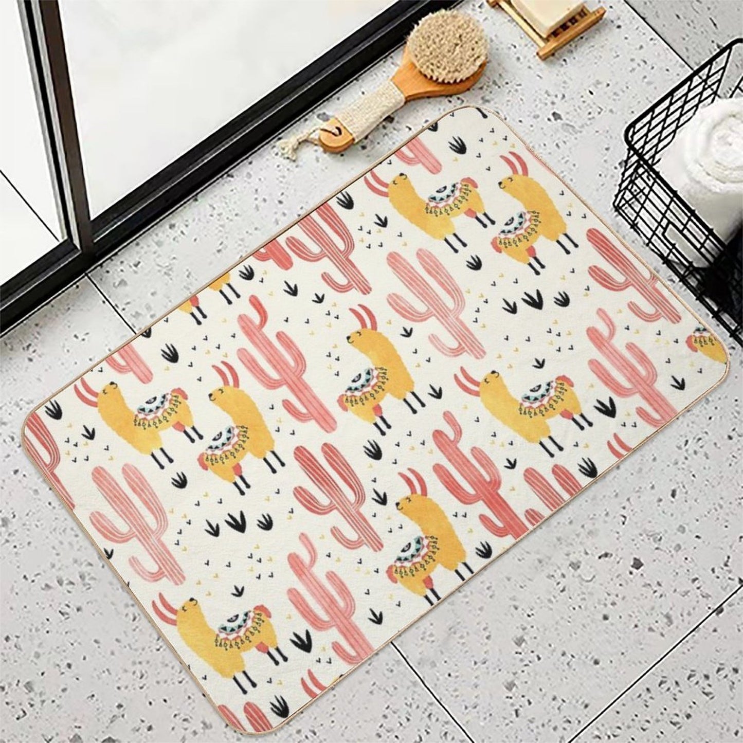 Yellow Llamas Red Cacti  Eco-Friendly Bath Mat