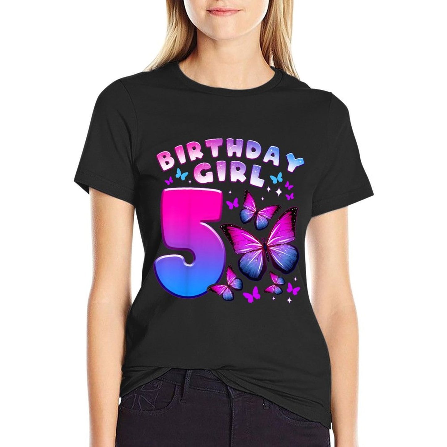 Kids Birthday Girl 5 Year Old, Butterfly, Number 5  Durable T-Shirt