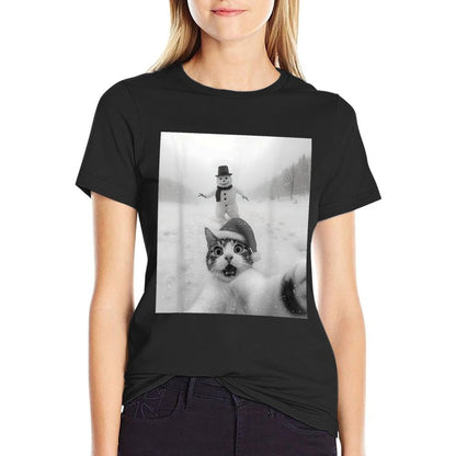 Funny Cat Selfie Snowman Merry Christmas Xmas Pajama Holiday  Ribbed Collar T-Shirt