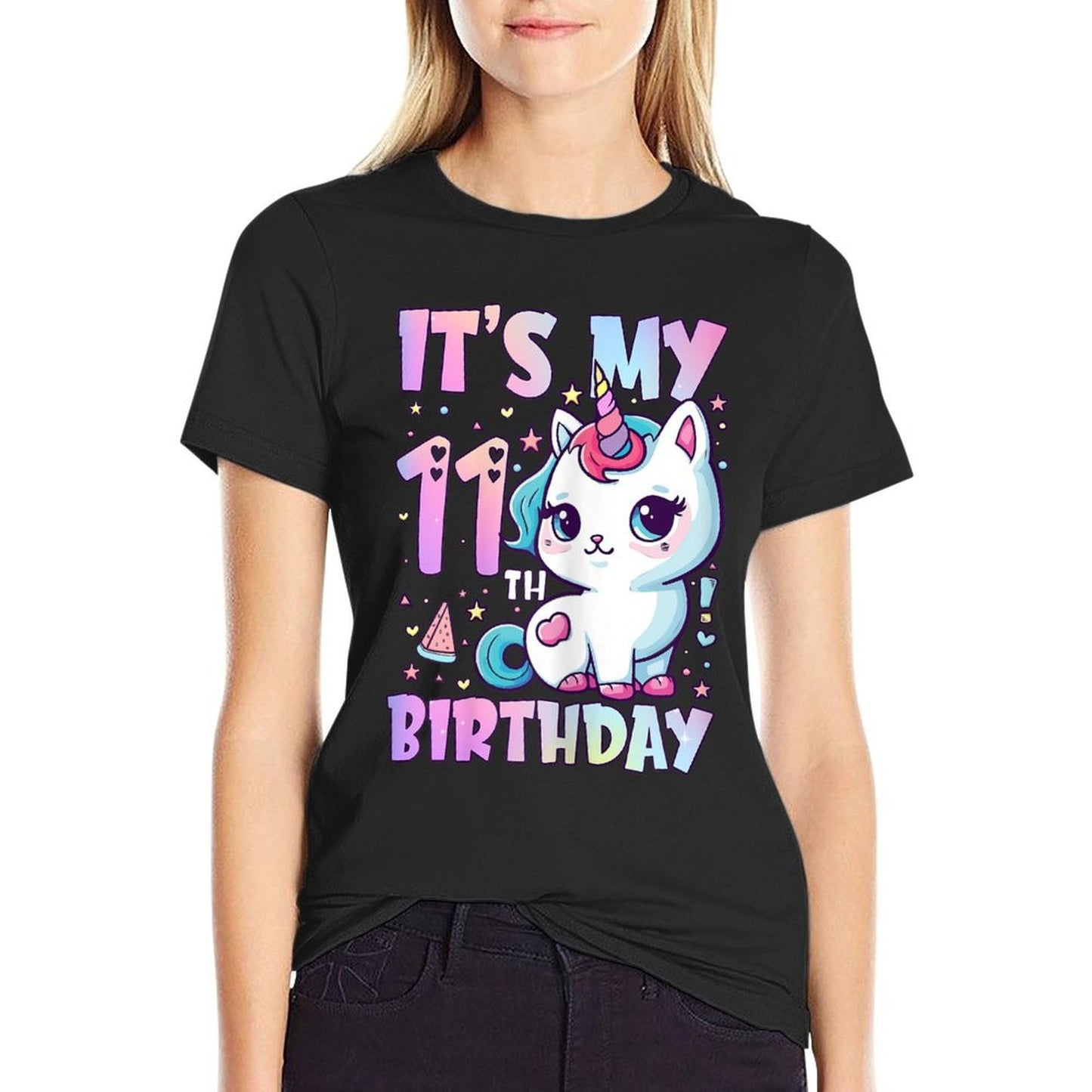 11th Birthday Girls 11 Year Old Cat Unicorn Birthday  Rolled Sleeves T-Shirt