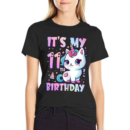 11th Birthday Girls 11 Year Old Cat Unicorn Birthday  Rolled Sleeves T-Shirt
