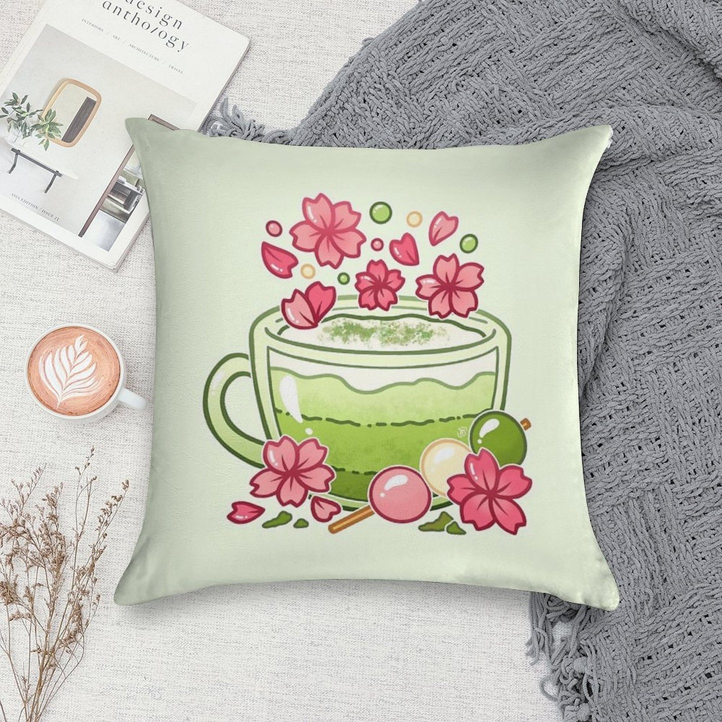 Sakura Matcha Tea Soft Fade-Resistant Throw Pillow