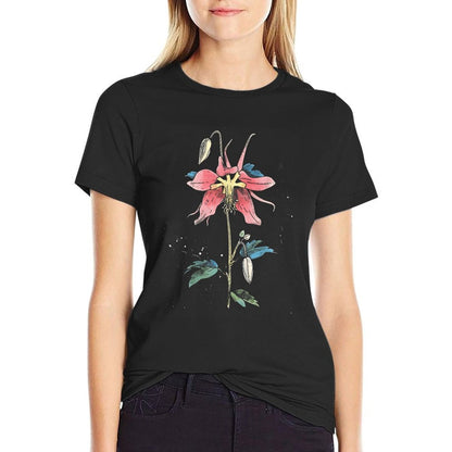 Vintage Botanical Columbine Flower Girl Floral Plant Mom  Cotton T-Shirt