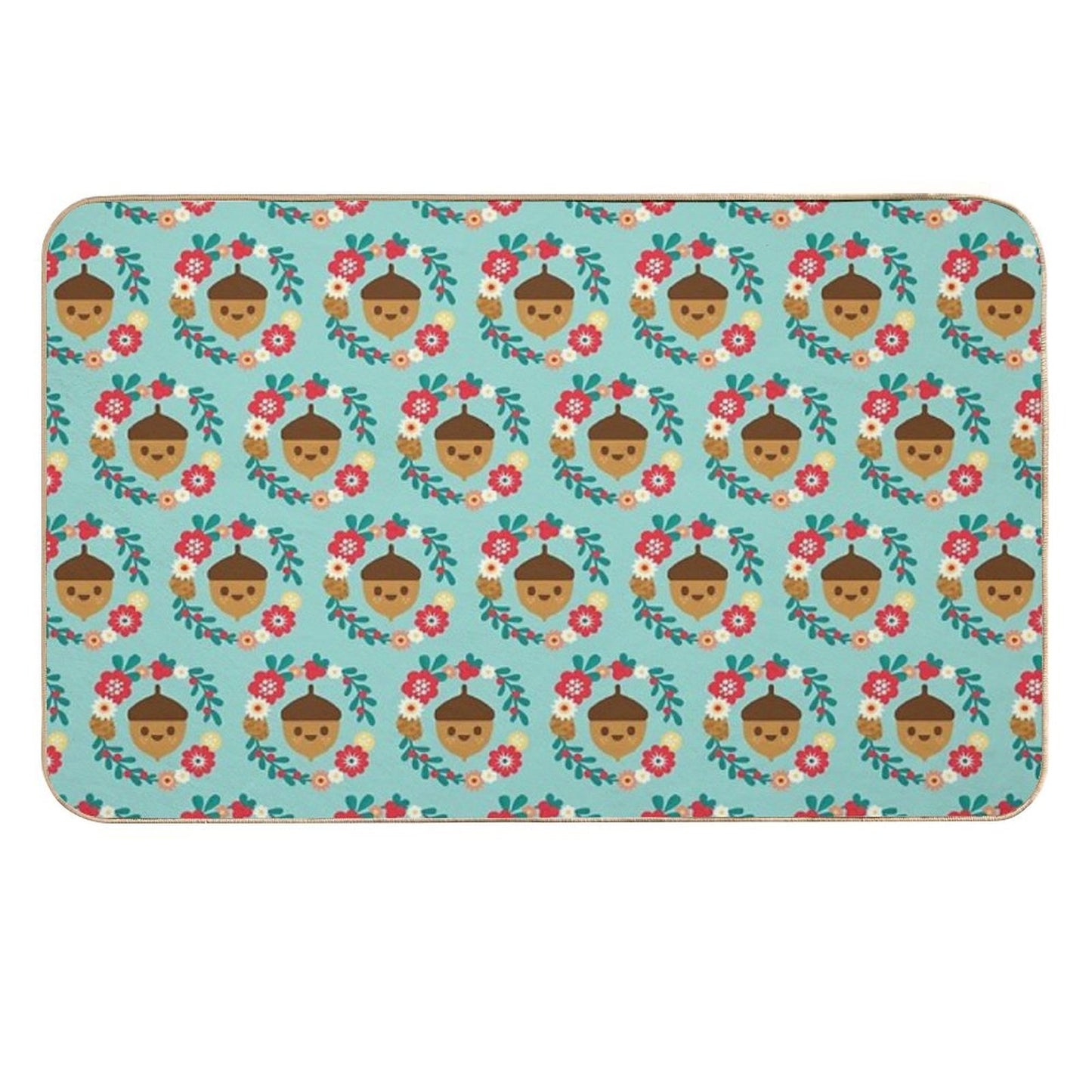 Acorn And Flowers Pattern Design  Blue  Absorbent Bath Mat