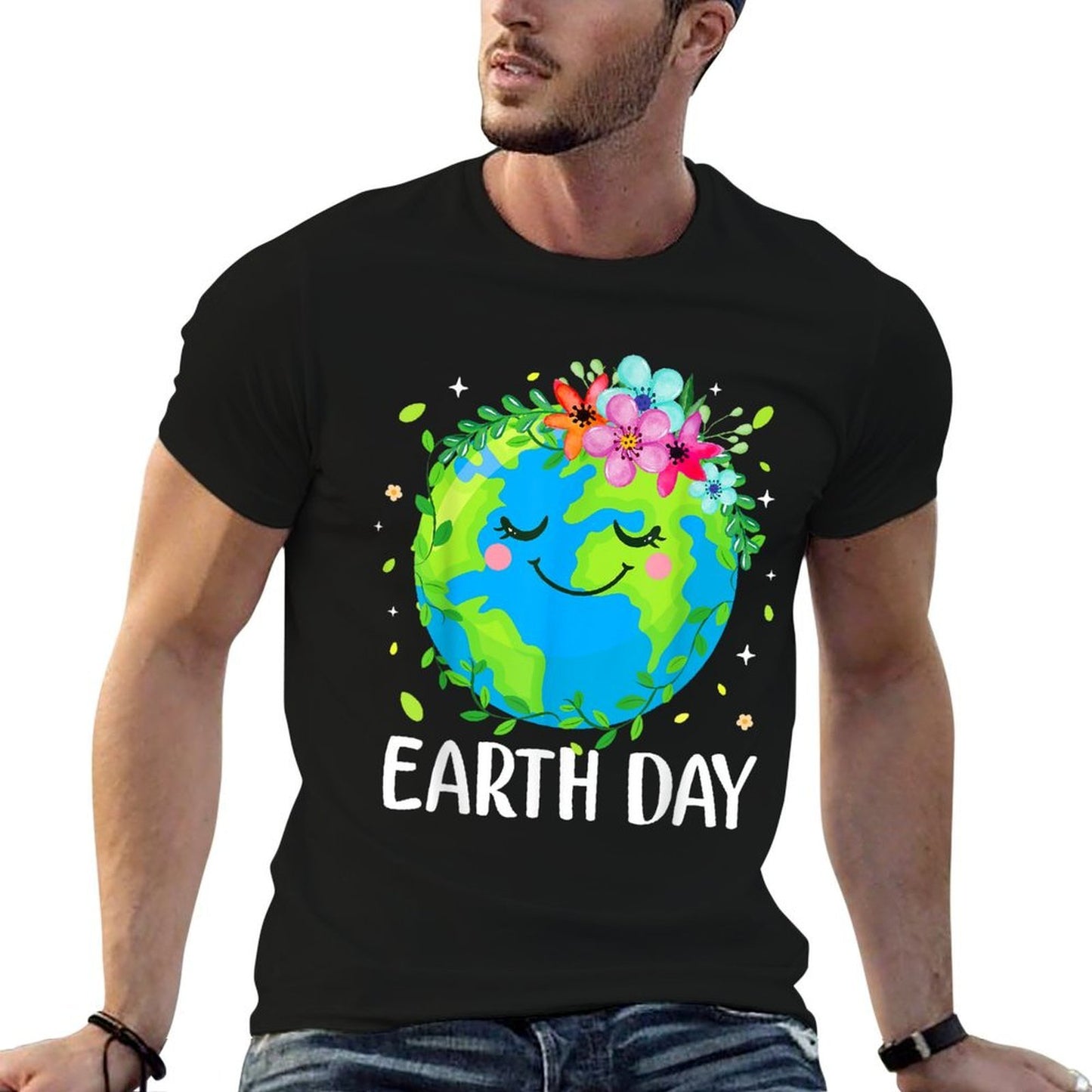 Happy Earth Day Cute Earth With Floral Earth Day 2025  Fade-proof Color T-Shirt
