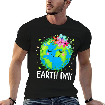 Happy Earth Day Cute Earth With Floral Earth Day 2025  Fade-proof Color T-Shirt
