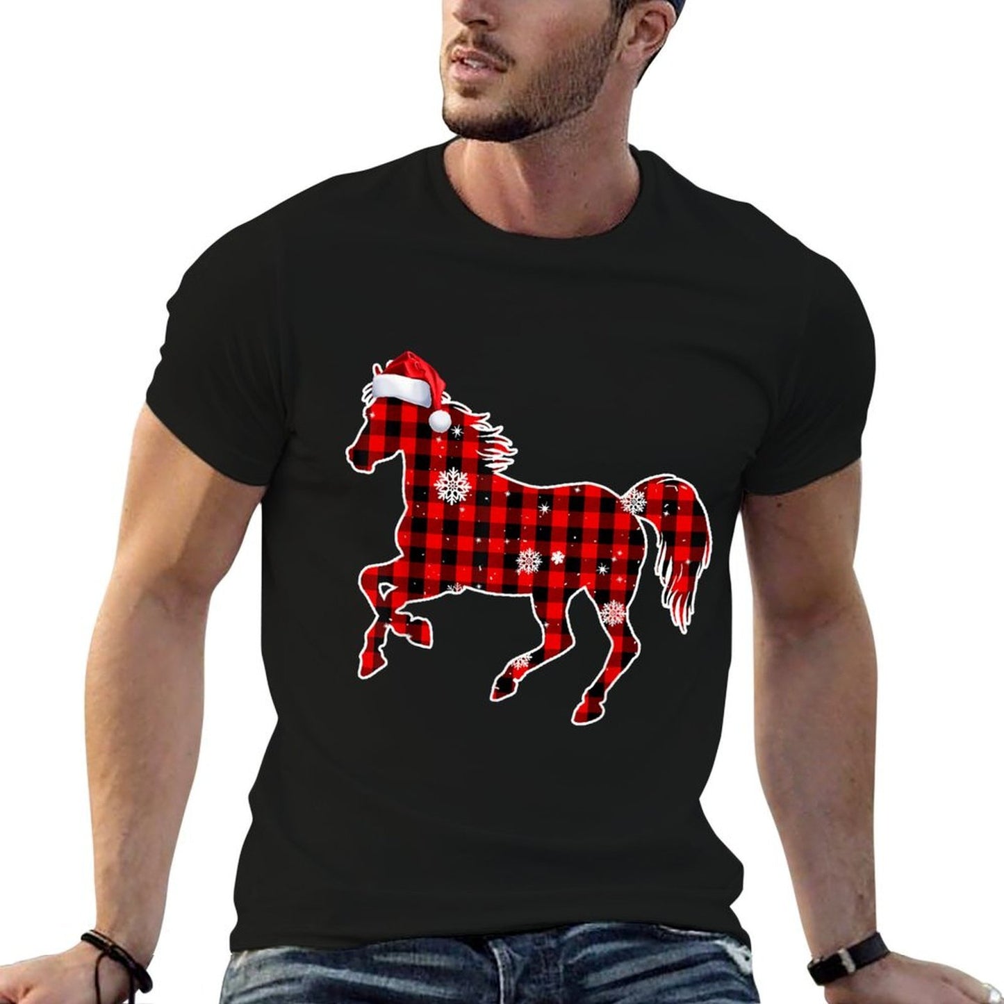 Horse Buffalo Plaid Santa Christmas Matching Family Pajamas  Lightweight T-Shirt
