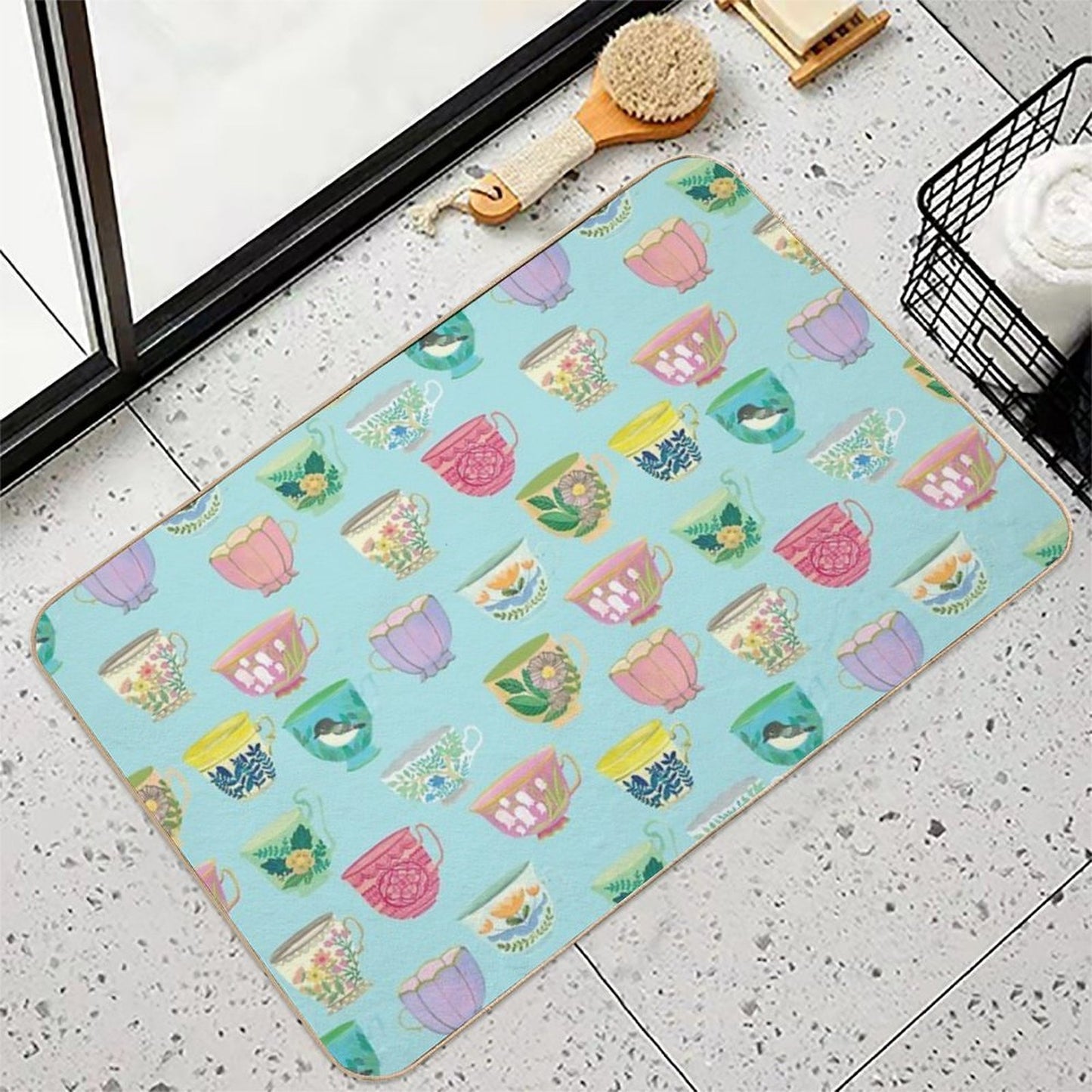 Vintage Tea Cups {Soft Blue}  Eco-Friendly Bath Mat