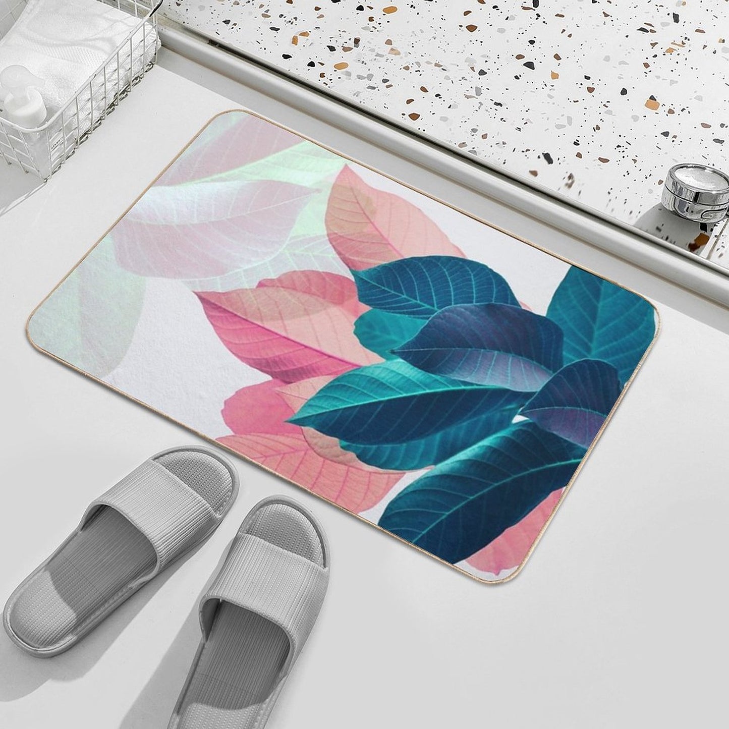Blue Pink Plant Leaf  Dirt-Trapping Bath Mat