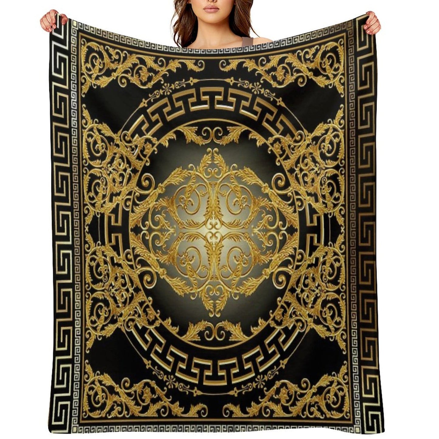 Greek Keys 3 Black Golden White Baroque Style Durable Throw Blanket