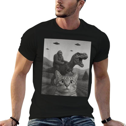 Cat Selfie with Bigfoot Riding T-rex Dinosaur Alien UFO Men Women Kids  Relaxed-fit T-Shirt