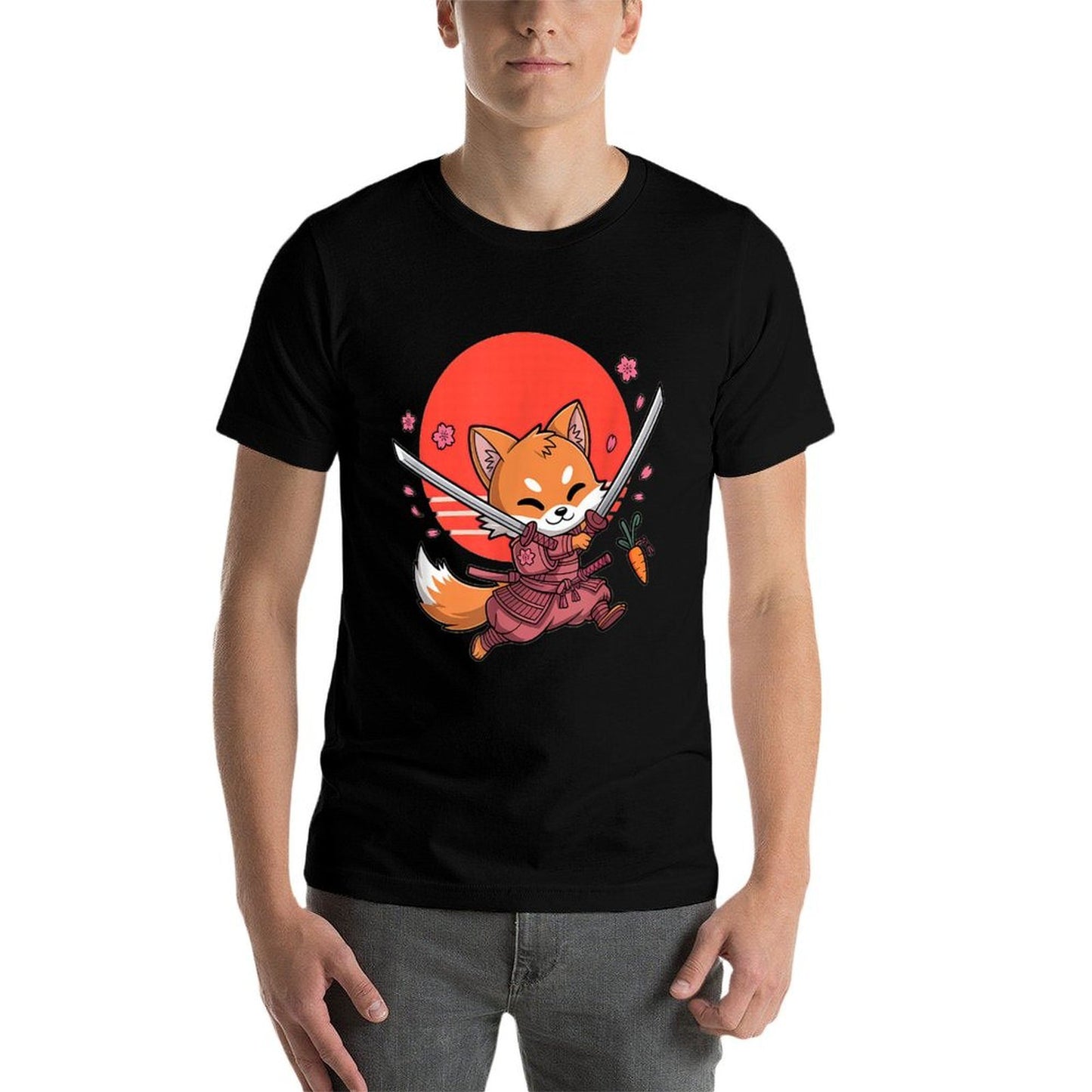 Kawaii Samurai Fox with Swords And Sakura Blossoms  High-quality Stitching T-Shirt