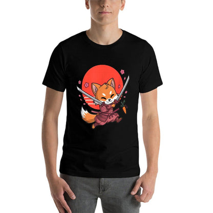Kawaii Samurai Fox with Swords And Sakura Blossoms  High-quality Stitching T-Shirt