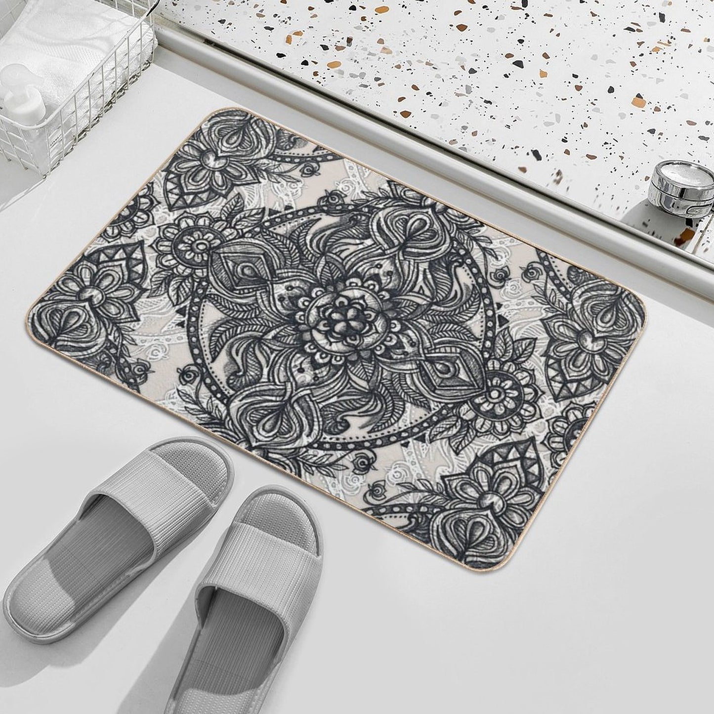 Charcoal Lace Pencil Doodle  Easy Maintenance Bath Mat