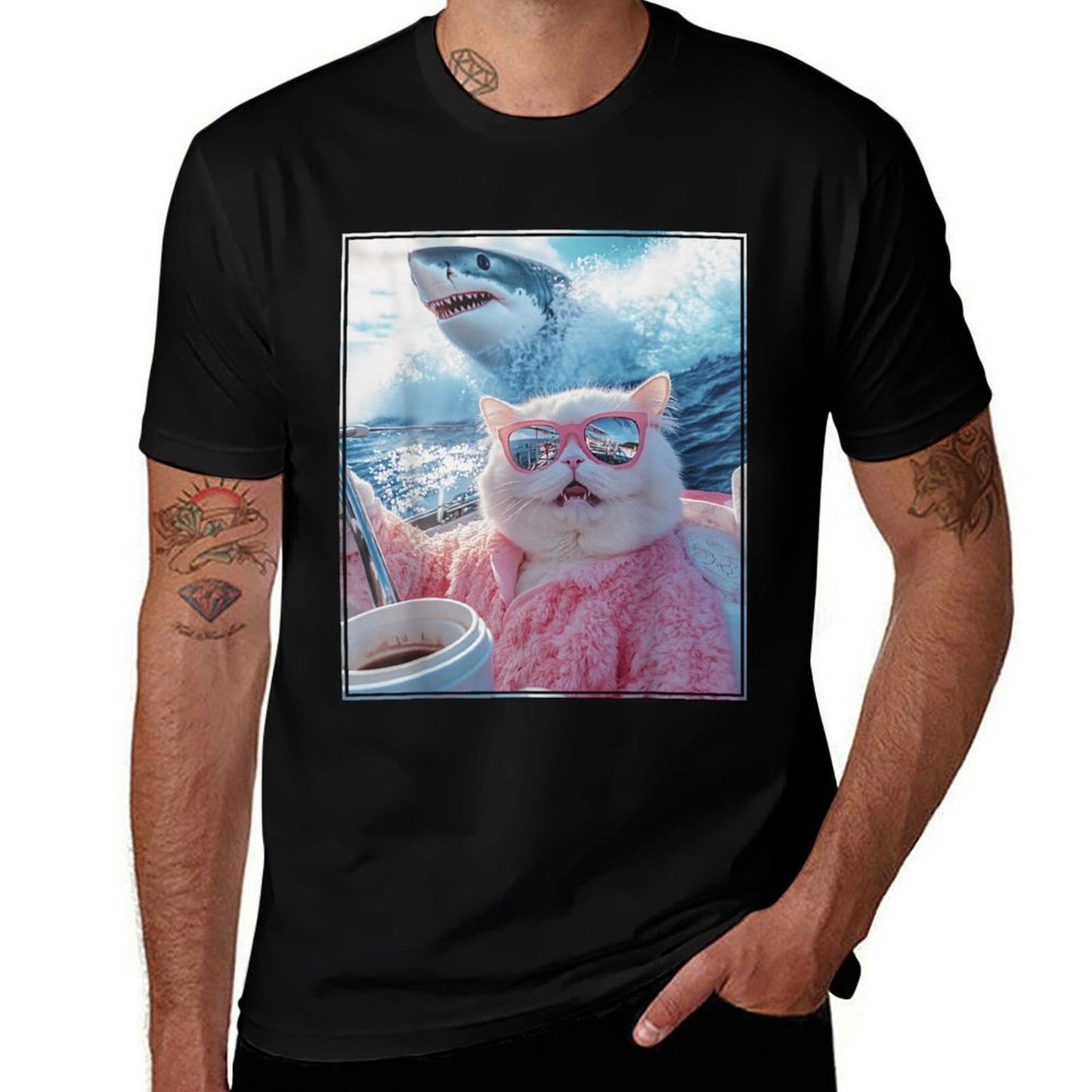 Funny Cat Shark Meme Selfie Cat on A Yacht Boat Men Women Kids  Quick-drying T-Shirt