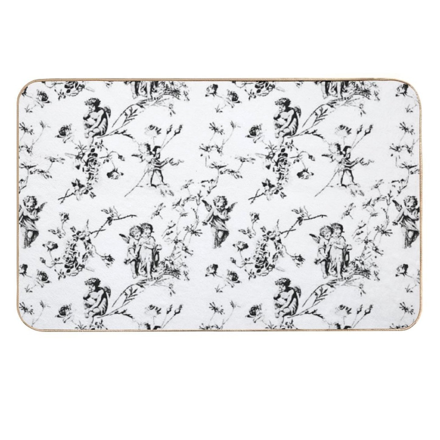 Modern Vintage Cupid Angels Black White Floral Toile  High-Traffic Bath Mat