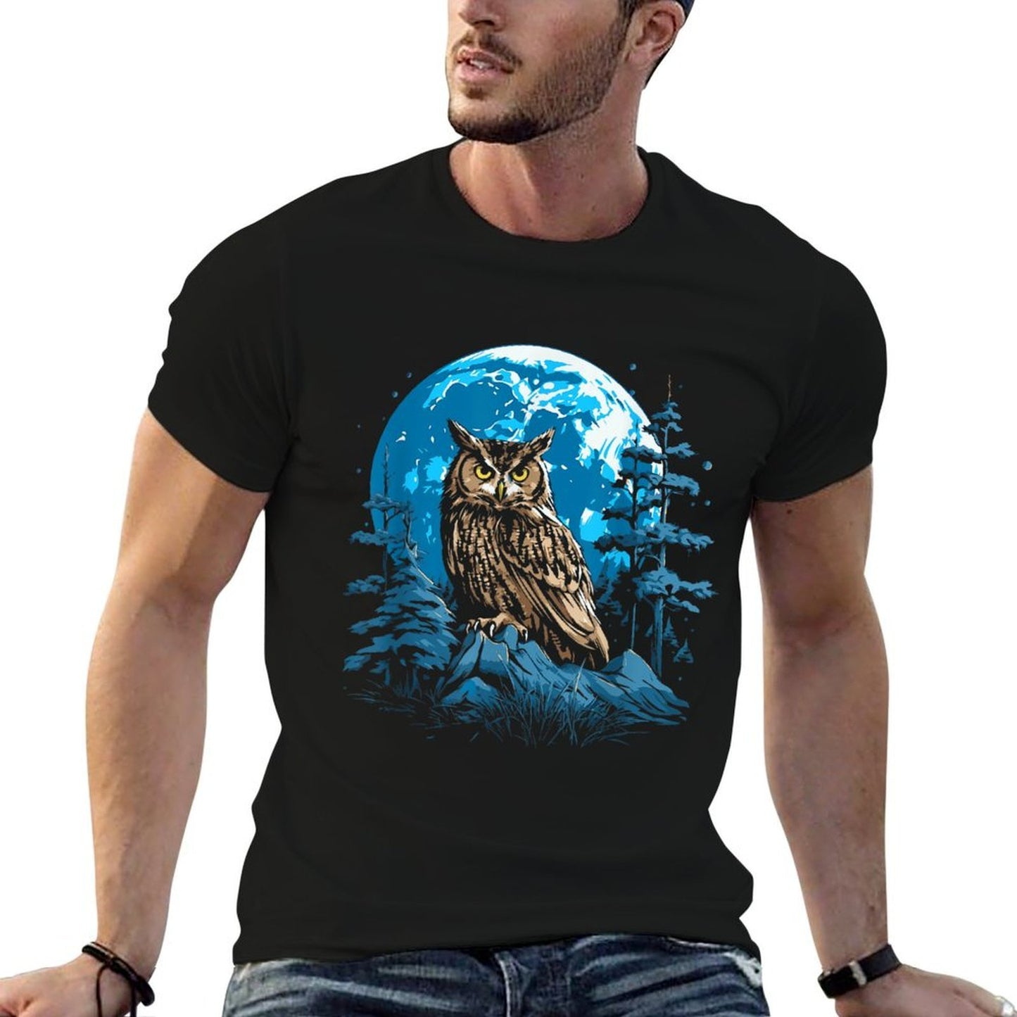 Symbiosis Supply Co. Great Horned Owl Night Time Nature Art Abstract Graphic Unisex-Adult - Black - Small -  Graphic-printed T-Shirt