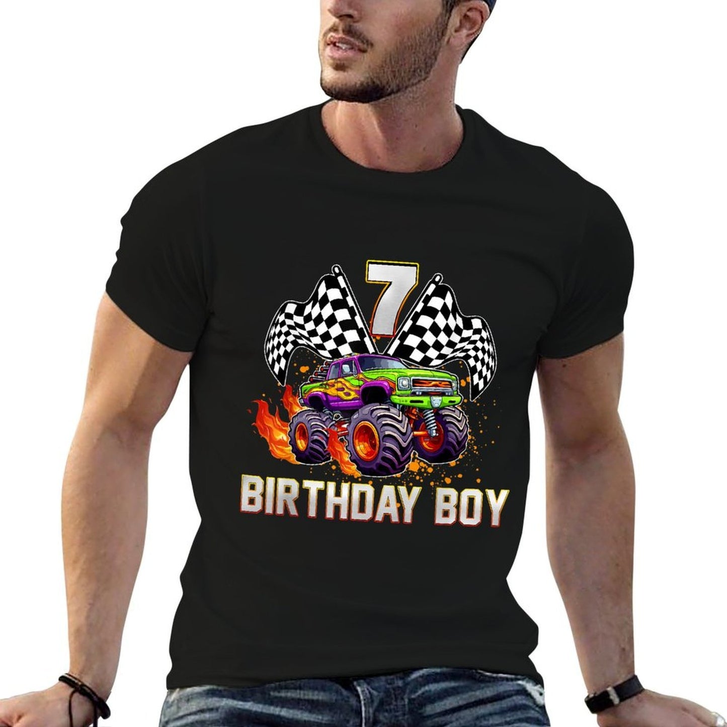 Birthday Monster Truck 7 Year Old Boys 7Th Party Matching  Oversized Silhouette T-Shirt