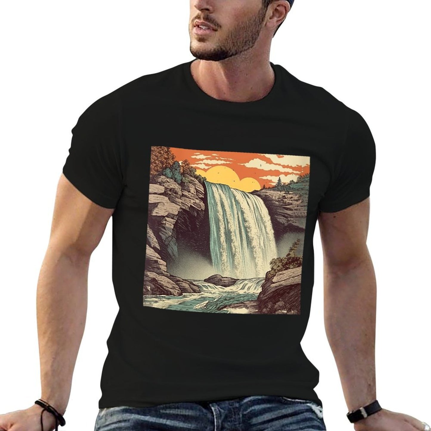 Womens Waterfall Vintage Landscape Graphic  Trendy Pattern T-Shirt