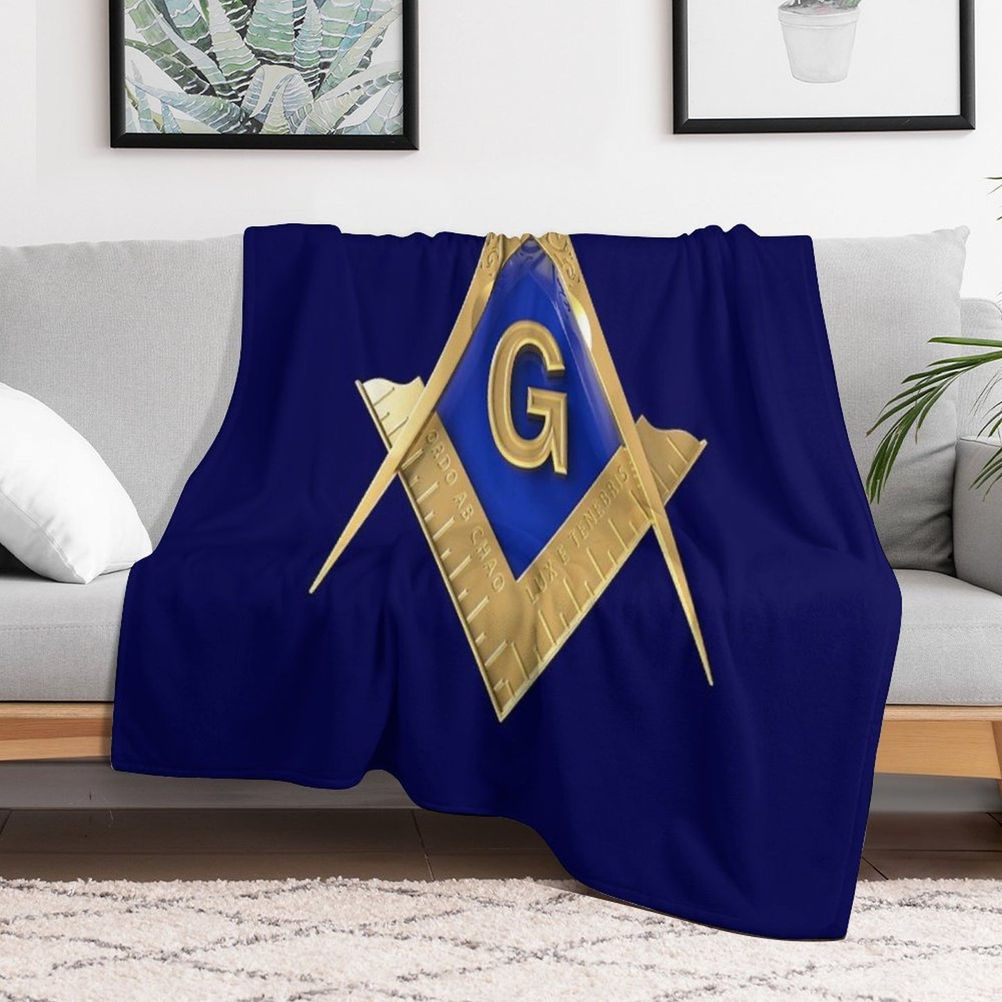 Freemason Gold Square & Compass Blue Background Masonic Durable Throw Blanket