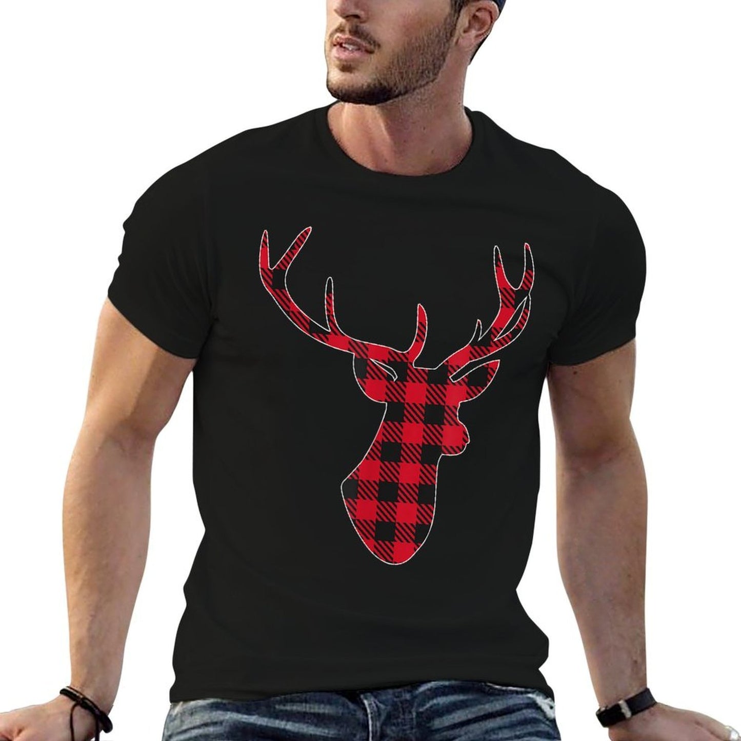 Classic Red  Black Christmas Buffalo Plaid Deer  Eco-friendly Material T-Shirt