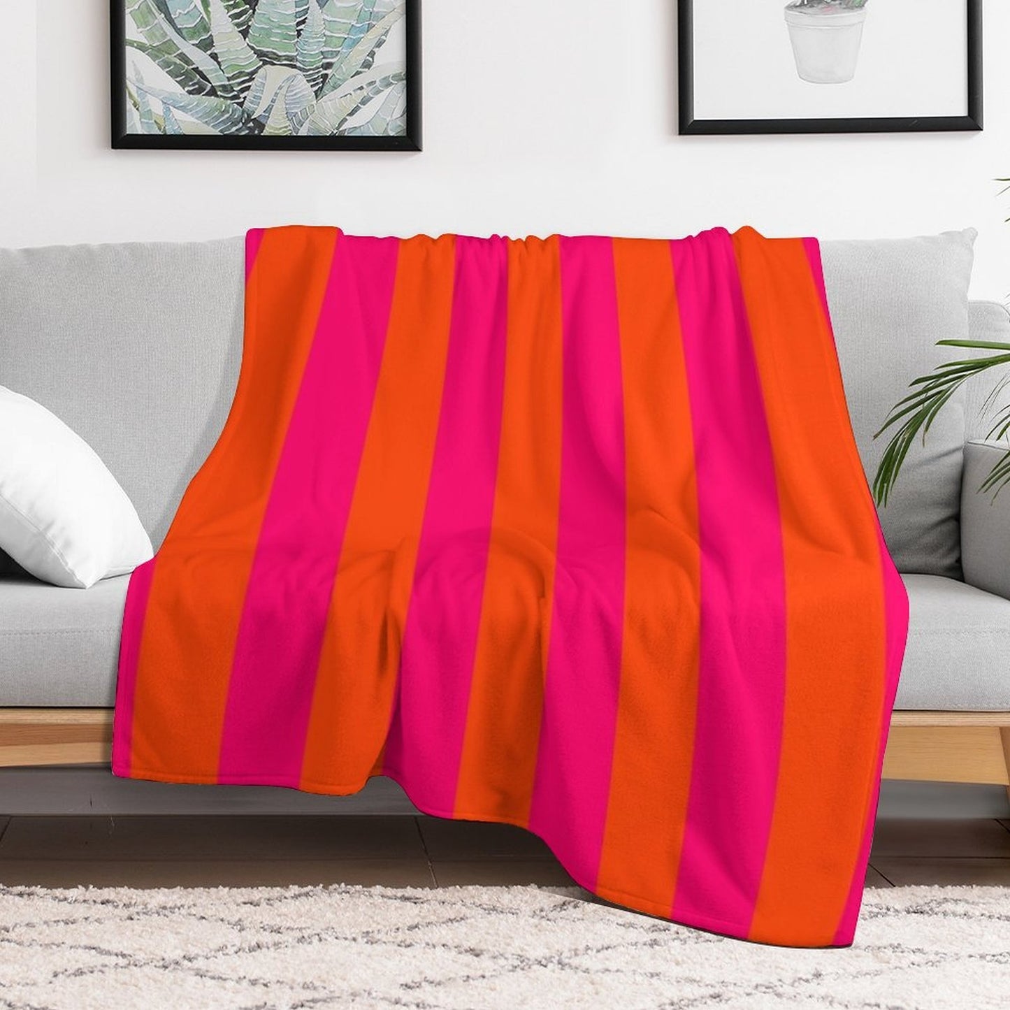 Bright Neon Pink And Orange Vertical Cabana Tent Stripes Multi-functional Throw Blanket