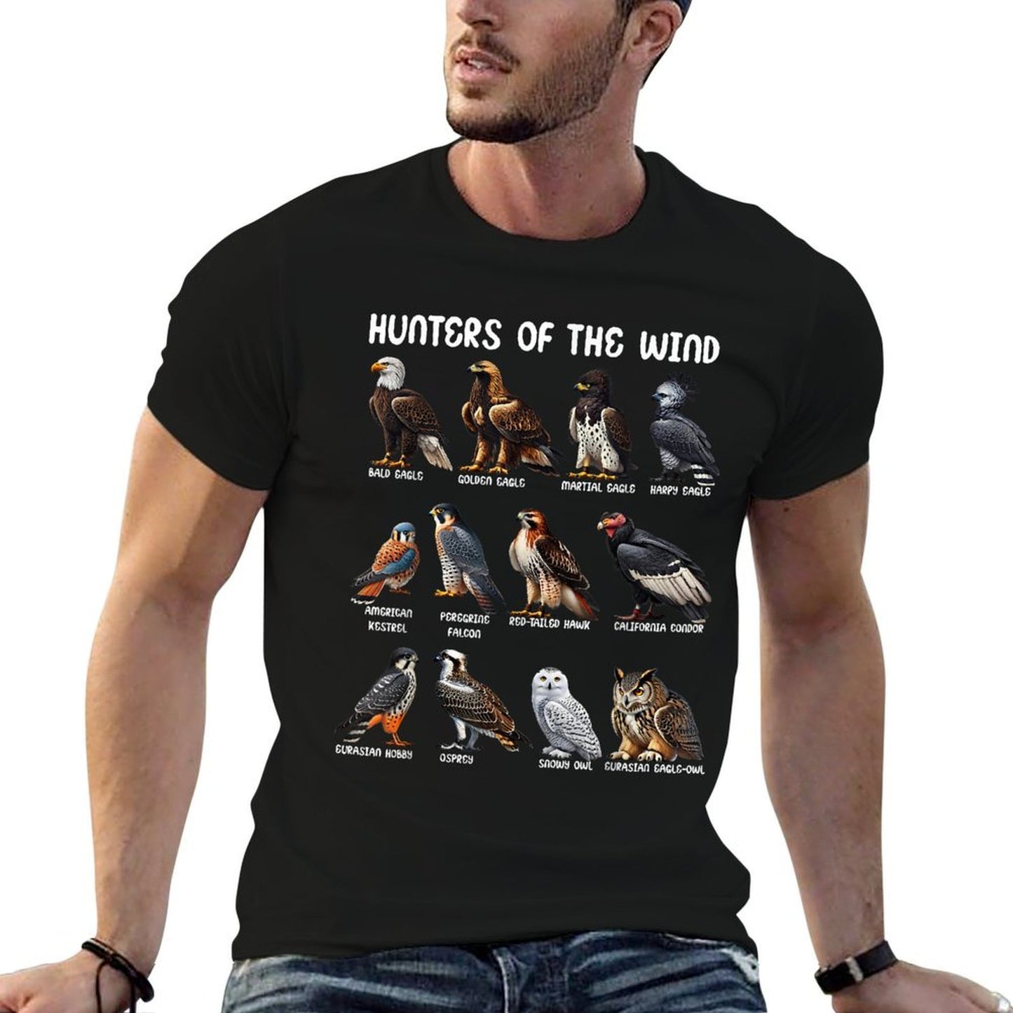 Hunters of The Wind Birds of Prey Falcon Owl Birding Raptors  Ribbed Collar T-Shirt